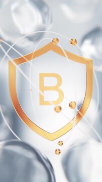 Golden Vitamin B complex golden shield symbol in 3D animation abstract background. Niacinamide and biotin molecular structure background with transparent liquid cells and rotating structures