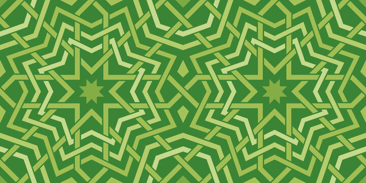 Retro stars. An innovative decorative vision with a smooth Islamic geometric pattern: a modern fusion of Moroccan ornamentation with arabesque designs and elegant interlocking geometry, gren color