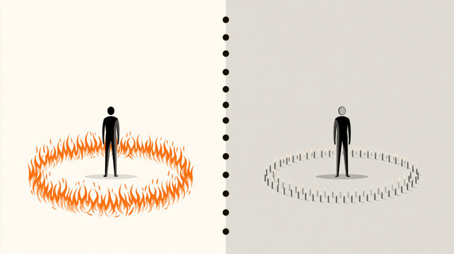 Isolation and Connection: A stark visual dichotomy. On the left, a solitary figure stands within a ring of fire, representing intense, possibly negative, emotion or a dangerous situation.