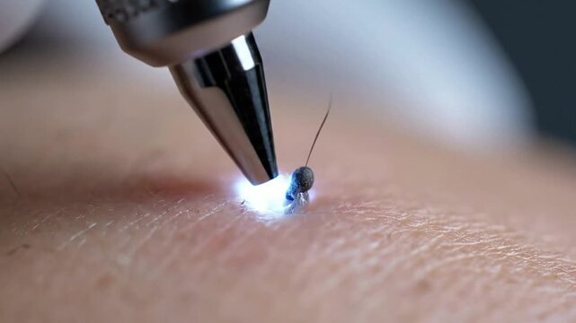 Close-Up Of Silver Medical Needle Tip Emitting Light Above Skin Follicle For Advanced Skin Treatment Technology