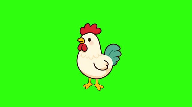 Cute cartoon chicken walking loop animation on green screen background. Farm animal character chroma key footage.
