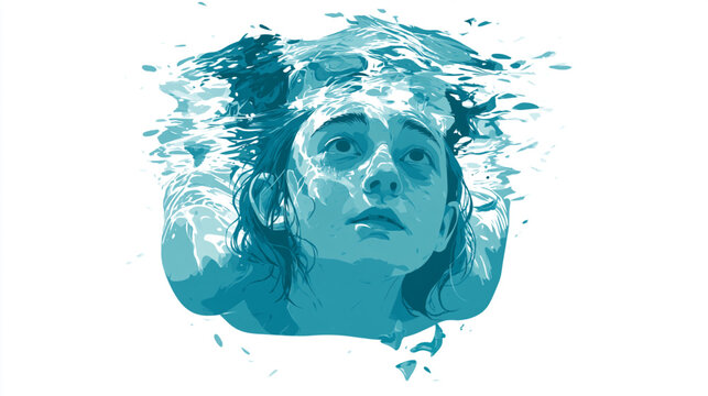 Woman Underwater: A young woman emerges from the depths of the water, her expression a blend of awe and introspection, as ripples and light refract around her.