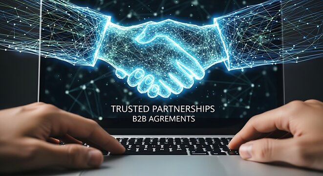 Hands shaking virtually over glowing handshake icon on laptop symbolizing trust, partnership, and successful B2B agreements.