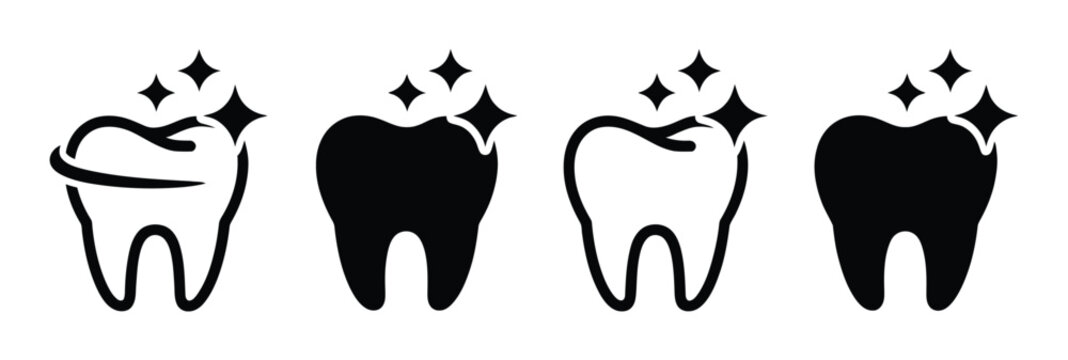 Clean and healthy tooth vector icon set, shining teeth and dentistry symbols for dental care, hygiene and oral health concepts.