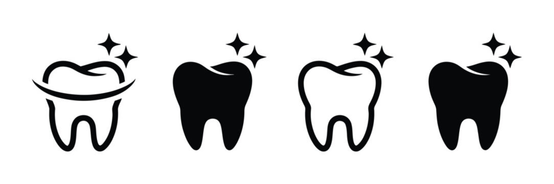 Healthy tooth icons with sparkling teeth symbols, dental care and dentistry illustrations for oral hygiene, clinic and healthcare design.