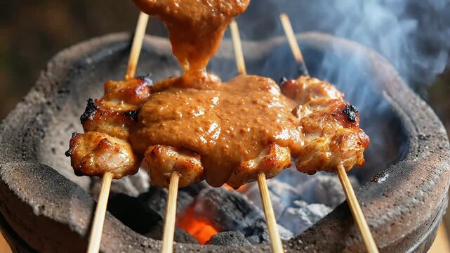 Close-Up Shot Of Indonesian Chicken Satay Skewers Drizzled With Peanut Sauce On Charcoal Grill Background