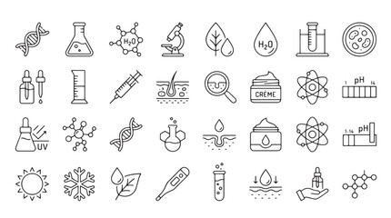 Fototapeta premium Science, biology, chemistry icons set, 25 line style elements, laboratory, research, biotechnology symbols