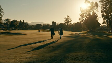Obraz premium Two male golfers walk down a fairway at sunset, carrying their golf bags