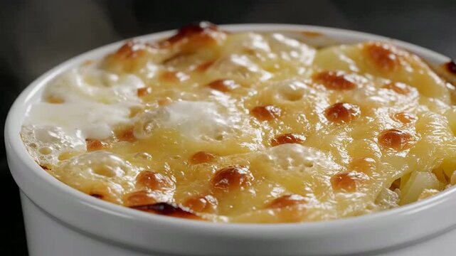 Close-Up Static Shot Of Potato Gratin Dauphinois In A White Ramekin Showcasing Golden Cheese Topping Perfect For Culinary Promotions And Food Photography Projects