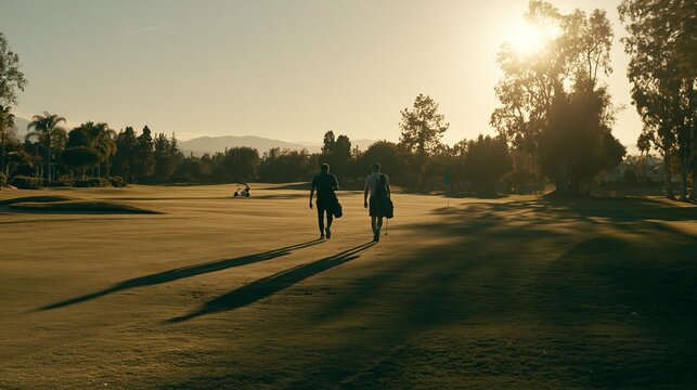 Two male golfers walk down a fairway at sunset, carrying their golf bags
