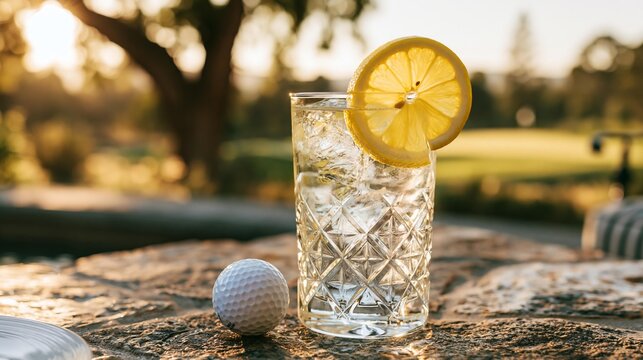 Refreshing drink with lemon slice and golf ball on stone patio at sunset