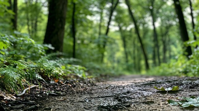 A low angle view of a muddy forest path surrounded by lush green ferns and trees