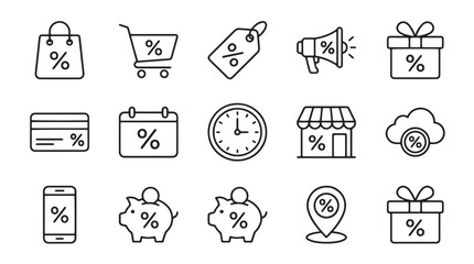 Fototapeta premium Discount icons, sale symbols, percentage labels, e-commerce graphics, 20 black line icons