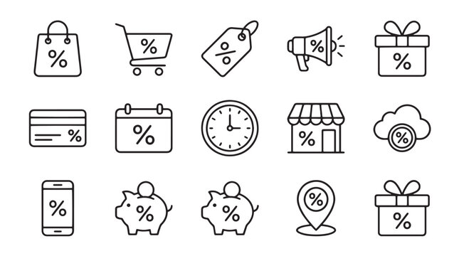 Discount icons, sale symbols, percentage labels, e-commerce graphics, 20 black line icons