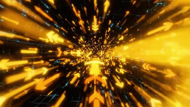 Bright yellow orange arrows move dynamically in a tech graphic showcasing abstract neon patterns and shapes