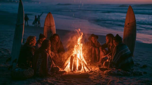 Friends enjoying a bonfire on the beach at dusk with surfboards
