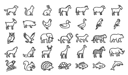 Fototapeta premium Animal Outline Icons Vector Set Wildlife and Pet Animal Line Art Collection Editable Stroke