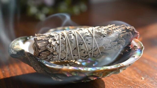 Burning Sage Bundle In Abalone Shell, Smoke Curling Over Sunlit Wooden Table During Space Cleansing Ritual Aromatic Ember Glow, Gentle Meditation Mood, Slow Mindful Breath, Sacred Ceremony Atmosphere