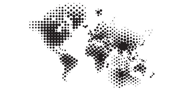Black and white halftone world map illustration with dot pattern design