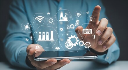 Obraz premium Hands interacting with industrial automation and IoT sensor icons on a smartphone digital interface for smart manufacturing.