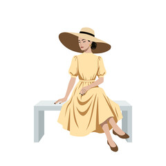 Elegancka wektorowa ilustracja kobiety siedzącej na ławce w letniej sukience i dużym słomkowym kapeluszu – styl modowy i edytorski. © Monika