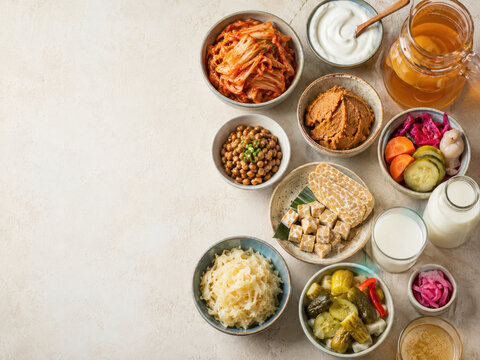 Fermented Foods Assortment with Probiotics and Copy Space