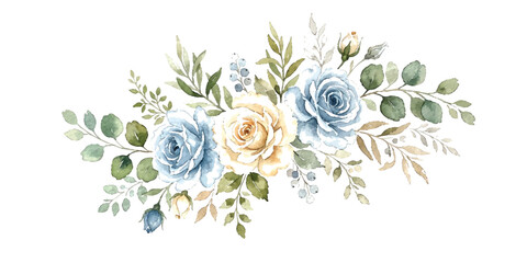 Beautiful watercolor flower arrangement with grey roses and green eucalyptus leaves for design ©  Designer