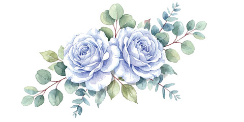 Beautiful watercolor illustration of two purple roses with green eucalyptus leaves bouquet ©  Designer