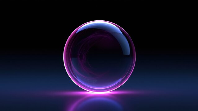 Abstract neon purple glowing sphere on dark reflective background