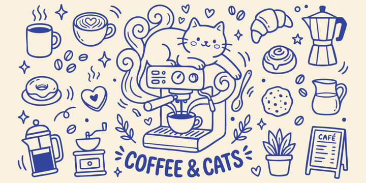 Whimsical cat on espresso machine surrounded by coffee elements and breakfast pastries in a playful doodle style