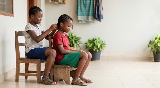 Young African girl braiding her friend's hair on an outdoor porch. Happy black children bonding and playing together. Friendship and hair care concept