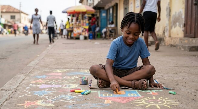 Young African boy sitting on a sidewalk drawing with colorful chalk. Happy black child creating art on the pavement. Urban childhood and creativity concept