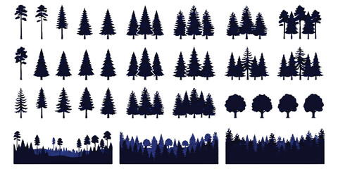 Set of black pine tree silhouettes and forest landscapes for nature design and outdoor graphics ©  Designer