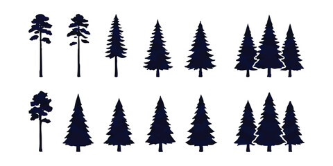 Set of hand drawn pine and evergreen tree silhouettes in dark blue for forest design projects ©  Designer