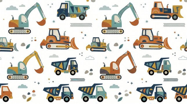 Seamless pattern of cartoon construction vehicles like excavators, dump trucks, and bulldozers