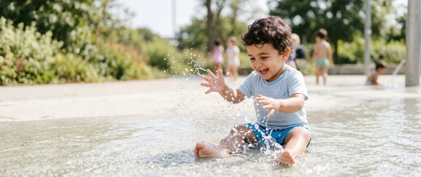 Laughing young boy splashing water in a shallow splash pad at a park. Happy toddler playing outdoors on a hot summer day. Childhood recreation banner
