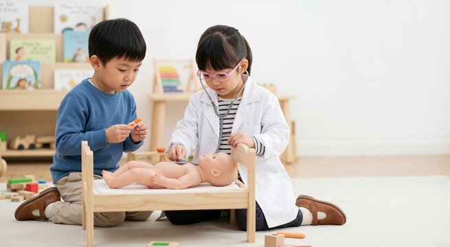 East Asian boy and girl playing doctor with a doll in a playroom. Children roleplaying with toy stethoscope and lab coat. Creative childhood education concept