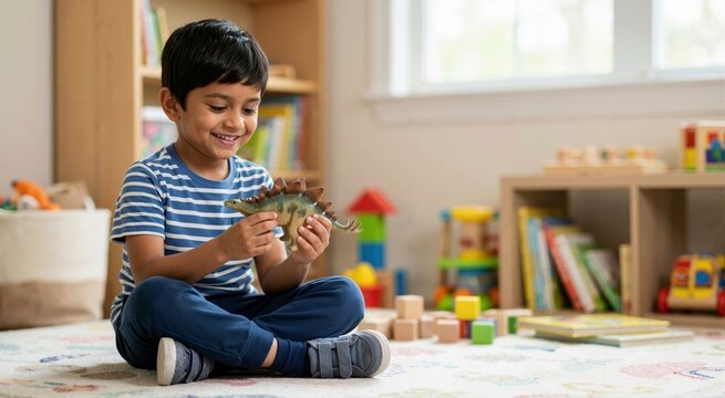 Smiling Indian boy playing with a toy dinosaur in a playroom. Happy child sitting on the floor with toys. Childhood and imagination concept