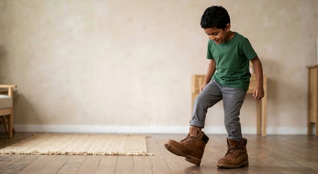 Young Indian boy trying on oversized adult boots. Happy child playing and walking in big shoes at home. Growing up and childhood concept