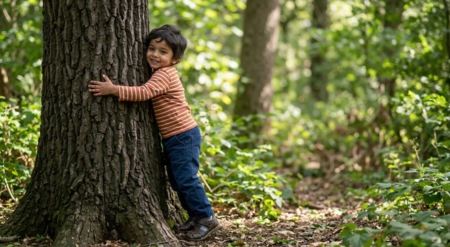 Smiling Indian toddler boy hugging a large tree trunk in the forest. Happy child embracing nature outdoors. Environmental connection concept