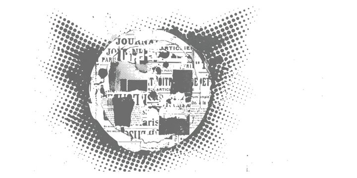 Abstract circular design with vintage newspaper collage and black halftone dot pattern texture
