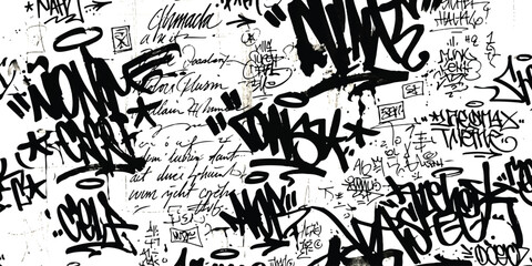 Black and white street art graffiti tags pattern with messy hand drawn ink scribbles and text ©  Designer
