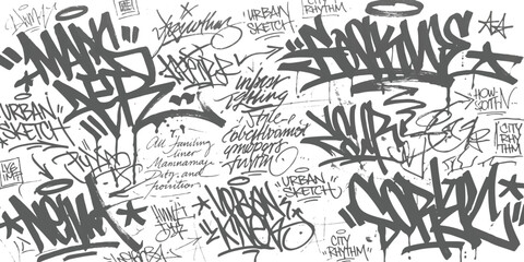Black and white graffiti tags and street art hand drawn calligraphy sketches on a wall ©  Designer