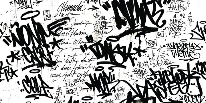 Black and white street art graffiti tags pattern with messy hand drawn ink scribbles and text