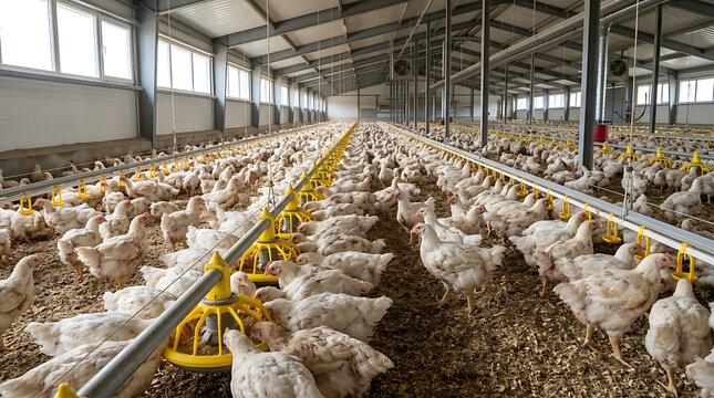 Chickens are fed on a large farm with metal feeders and drinkers.