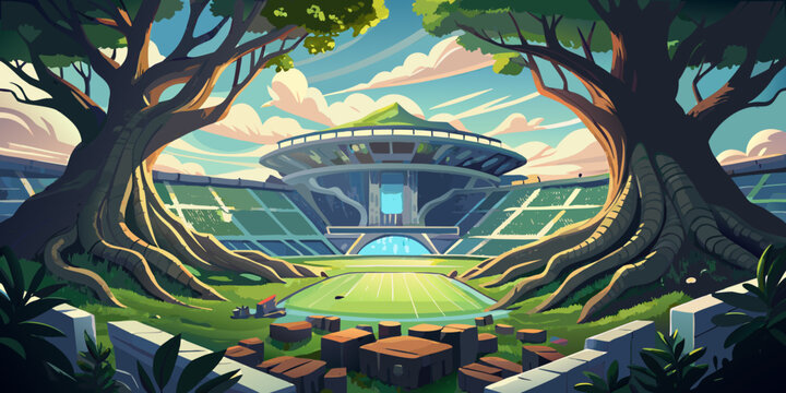 Futuristic sports arena surrounded by giant trees, vector