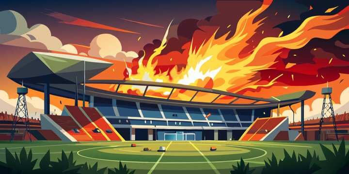 Dramatic fire engulfing a large sports stadium, vector
