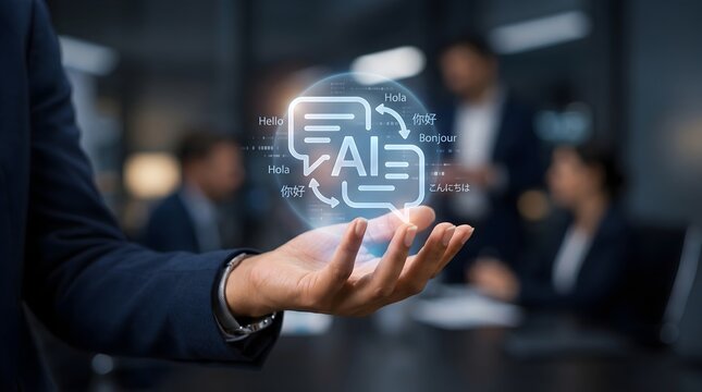 AI Language Translation Interface, Multilingual Communication Technology, Real-Time Business Conversation, Artificial Intelligence Chat Assistant Concept