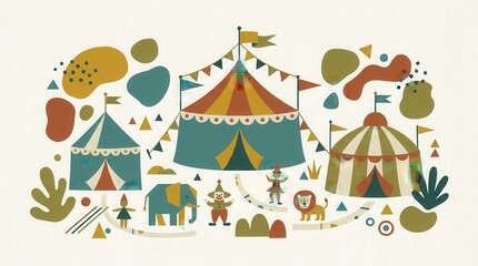 Naklejka premium Lively circus scene with three striped tents, an elephant, clown, lion, and performer