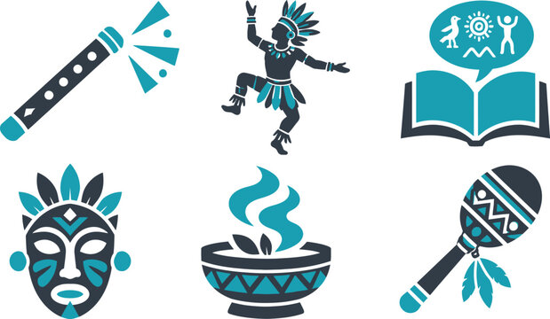A collection of vibrant vector illustration icons depicting various indigenous tribal cultural elements and traditional ceremonial artifacts in teal colors.